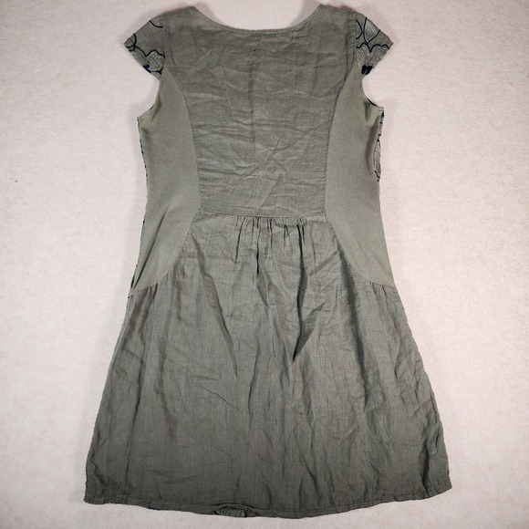 Puro Lino Linen Floral Embroidered Dress Sleeveless Casual Olive Green - Picture 3 of 7